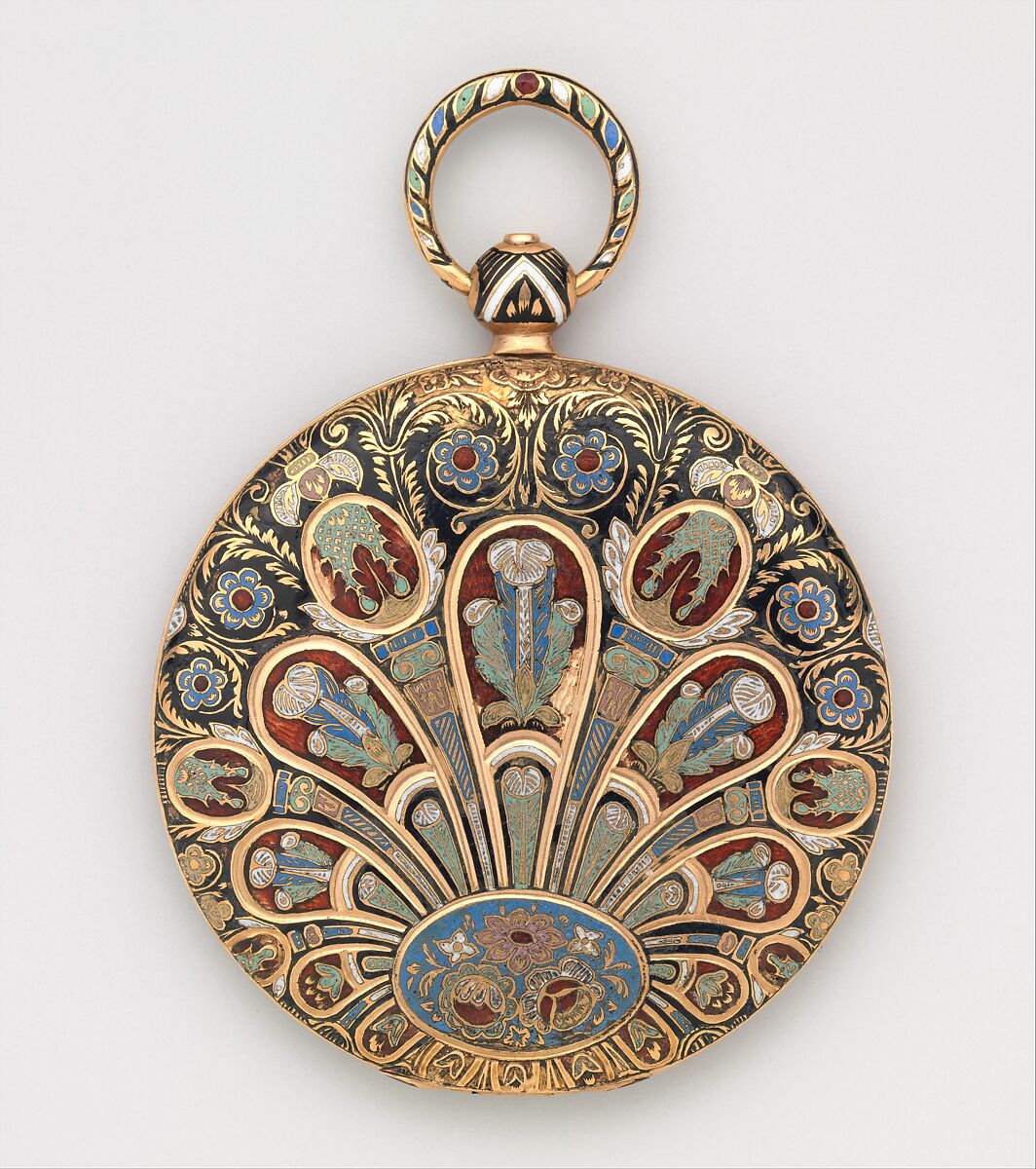 Watch, Case of gold and enamel, with chronoscope dial; jeweled movement, with cylinder escapement, probably Swiss