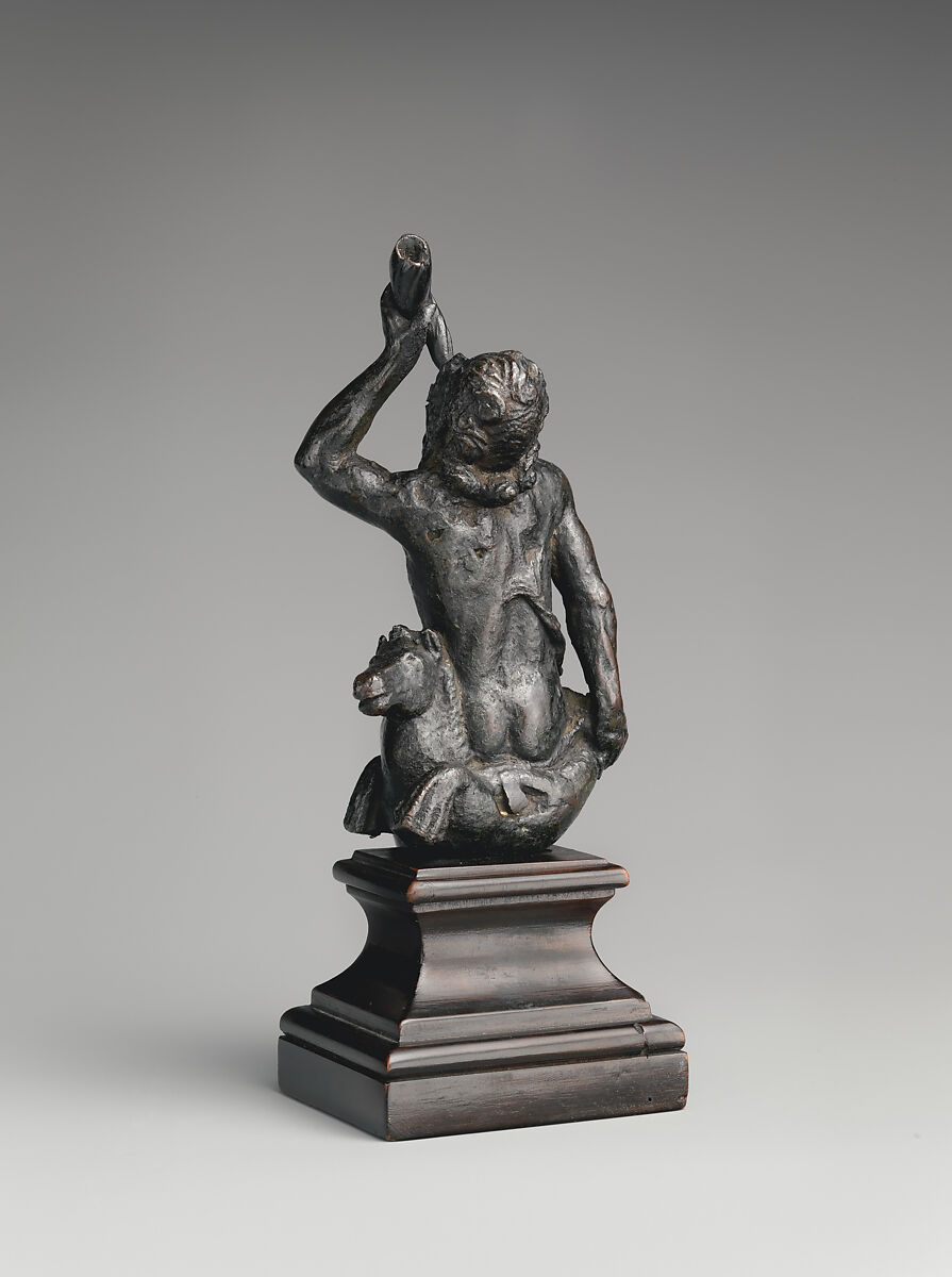 Neptune seated on a marine monster and blowing a conch shell, Severo Calzetta da Ravenna (Italian, active by 1496, died before 1543), Bronze, on later stone base, Italian