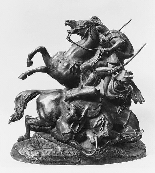 Two Mounted Arabs Killling a Lion, Antoine-Louis Barye (French, Paris 1795–1875 Paris), Bronze, French 