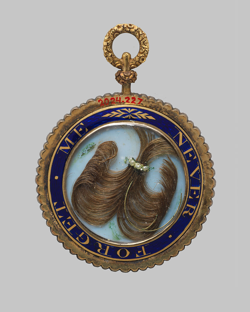 Lover's Eye locket, Watercolor miniature on ivory set in a gold locket with blue enamel, seed pearls, stones, and hair, Probably British