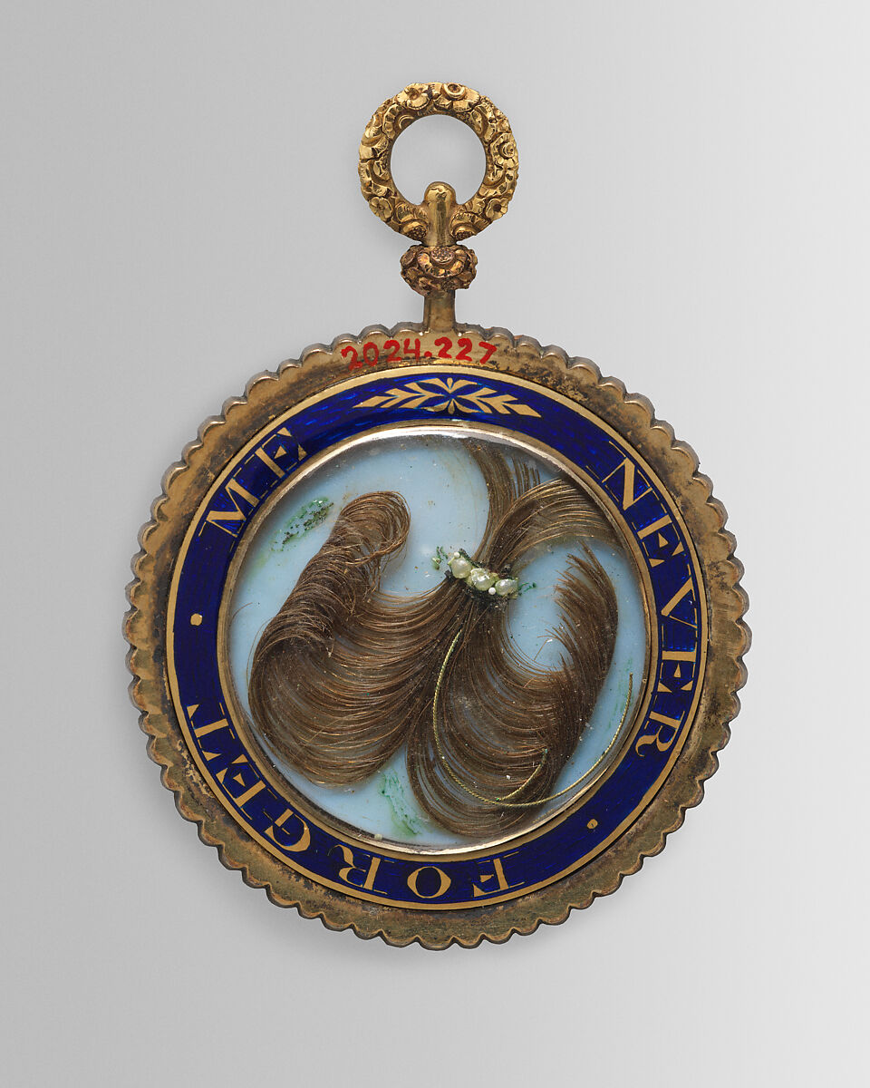 Lover's Eye locket, Watercolor miniature on ivory set in a gold locket with blue enamel, seed pearls, stones, and hair, Probably British
