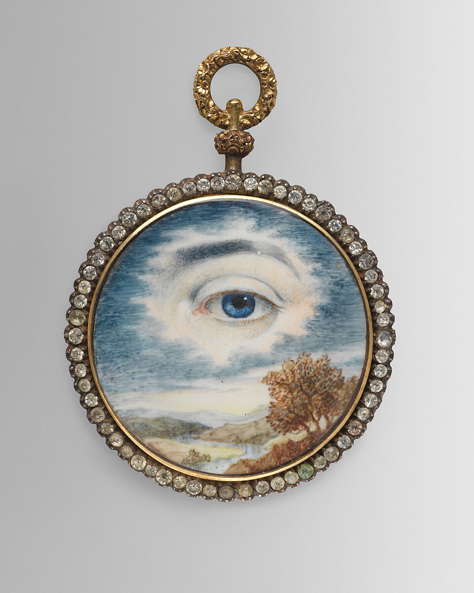 Lover's Eye locket, Watercolor miniature on ivory set in a gold locket with blue enamel, seed pearls, stones, and hair, Probably British