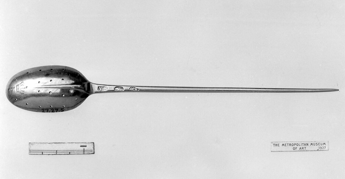 Strainer spoon (part of a set), Possibly by Francis Williamson, Gold, Irish, Dublin