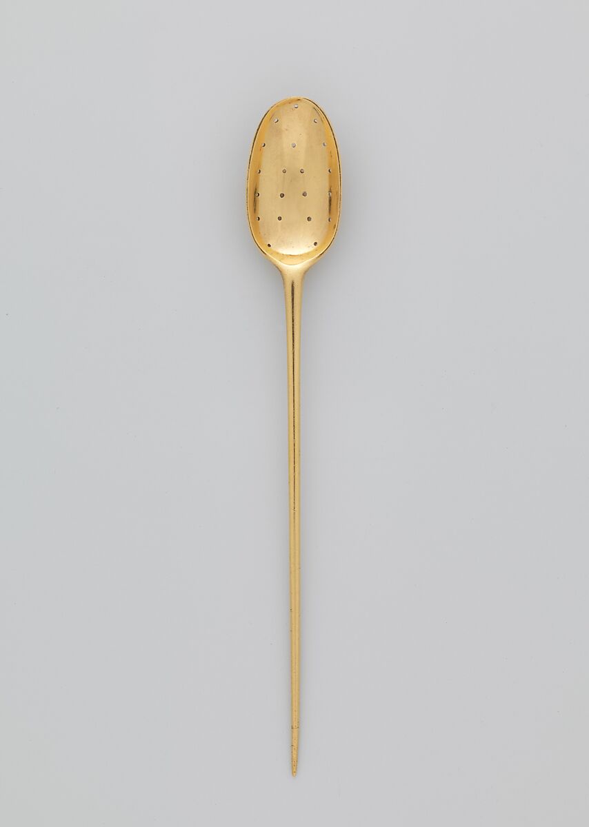 Strainer spoon (part of a set), Possibly by Francis Williamson, Gold, Irish, Dublin 