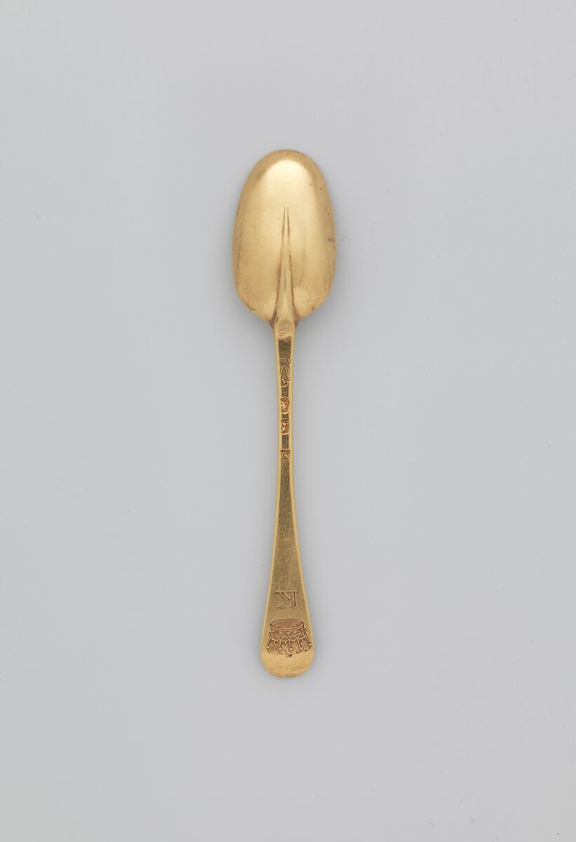 Set of five teaspoons, John Ladyman (active 1697–1712 or later), Gold, Irish, Dublin