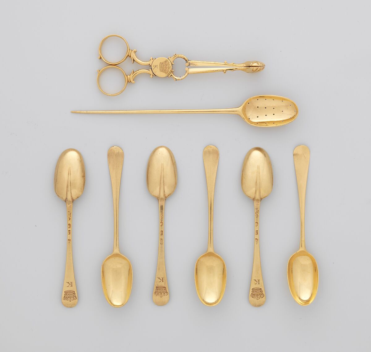 Set of five teaspoons, John Ladyman (active 1697–1712 or later), Gold, Irish, Dublin
