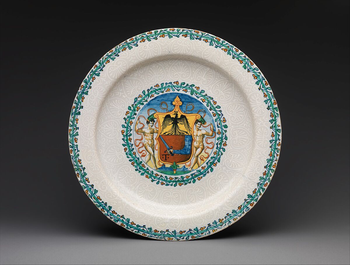 Armorial dish with bianco sopra bianco ornament, Maiolica (tin-glazed earthenware), Italian, Duchy of Urbino (probably Urbino) 