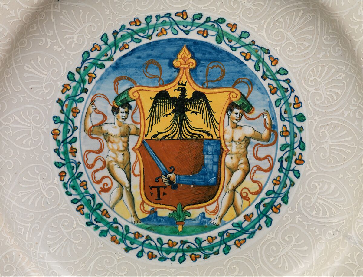 Armorial dish with bianco sopra bianco ornament, Maiolica (tin-glazed earthenware), Italian, Duchy of Urbino (probably Urbino)