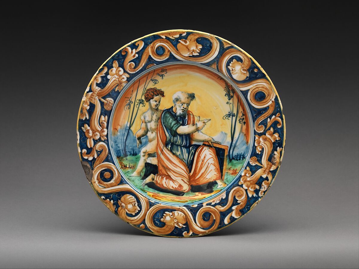 Plate with Saint Matthew, Possibly Workshop of Ludovico and Angelo Picchi (Italian, active Castel Durante, mid-16th century), Maiolica (tin-glazed earthenware), Italian, Castel Durante 