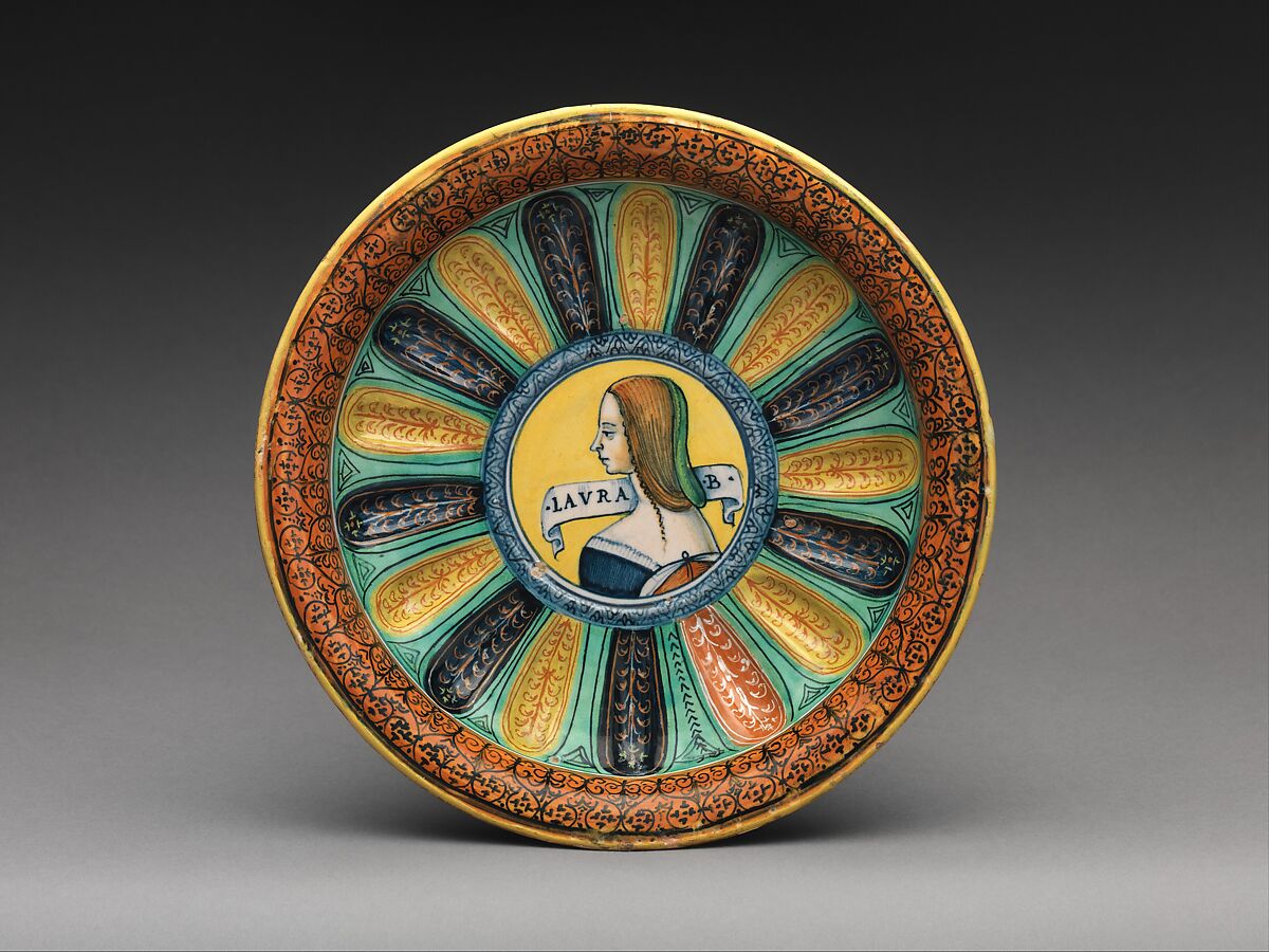 Basin or bowl with Laura Bella, Maiolica (tin-glazed earthenware), Italian, probably Faenza 