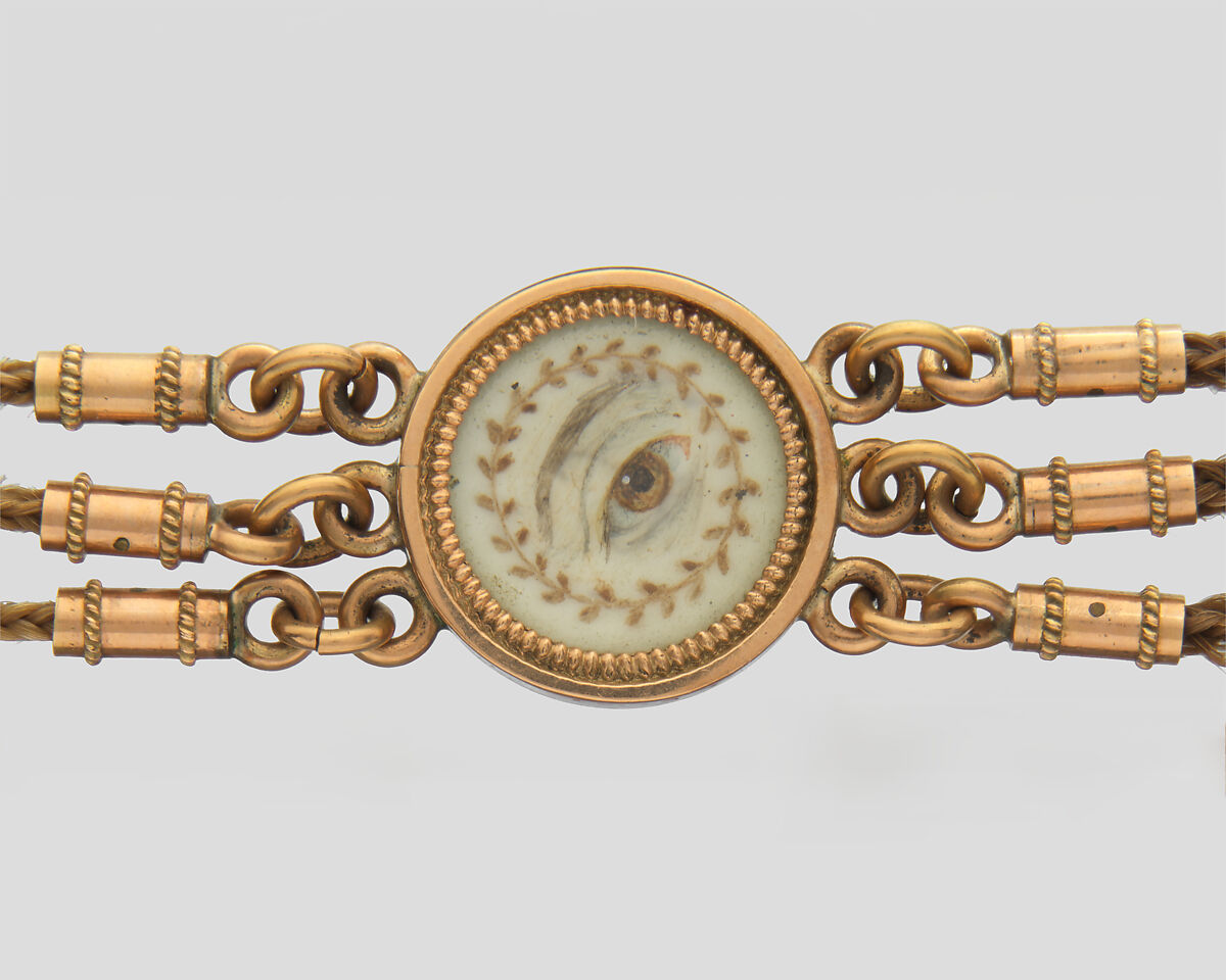 Lover’s Eye Watch Fob, 4 watercolor on ivory lover’s eyes set in gold cases and attached to a gold and hairwork chain, Probably British