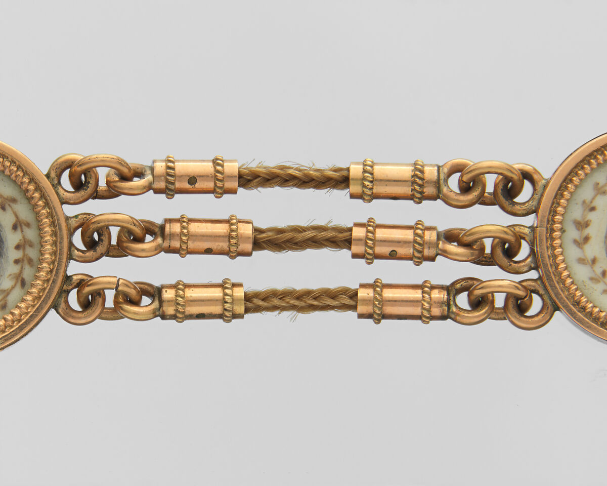 Lover’s Eye Watch Fob, 4 watercolor on ivory lover’s eyes set in gold cases and attached to a gold and hairwork chain, Probably British