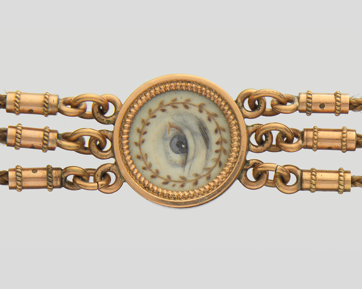Lover’s Eye Watch Fob, 4 watercolor on ivory lover’s eyes set in gold cases and attached to a gold and hairwork chain, Probably British