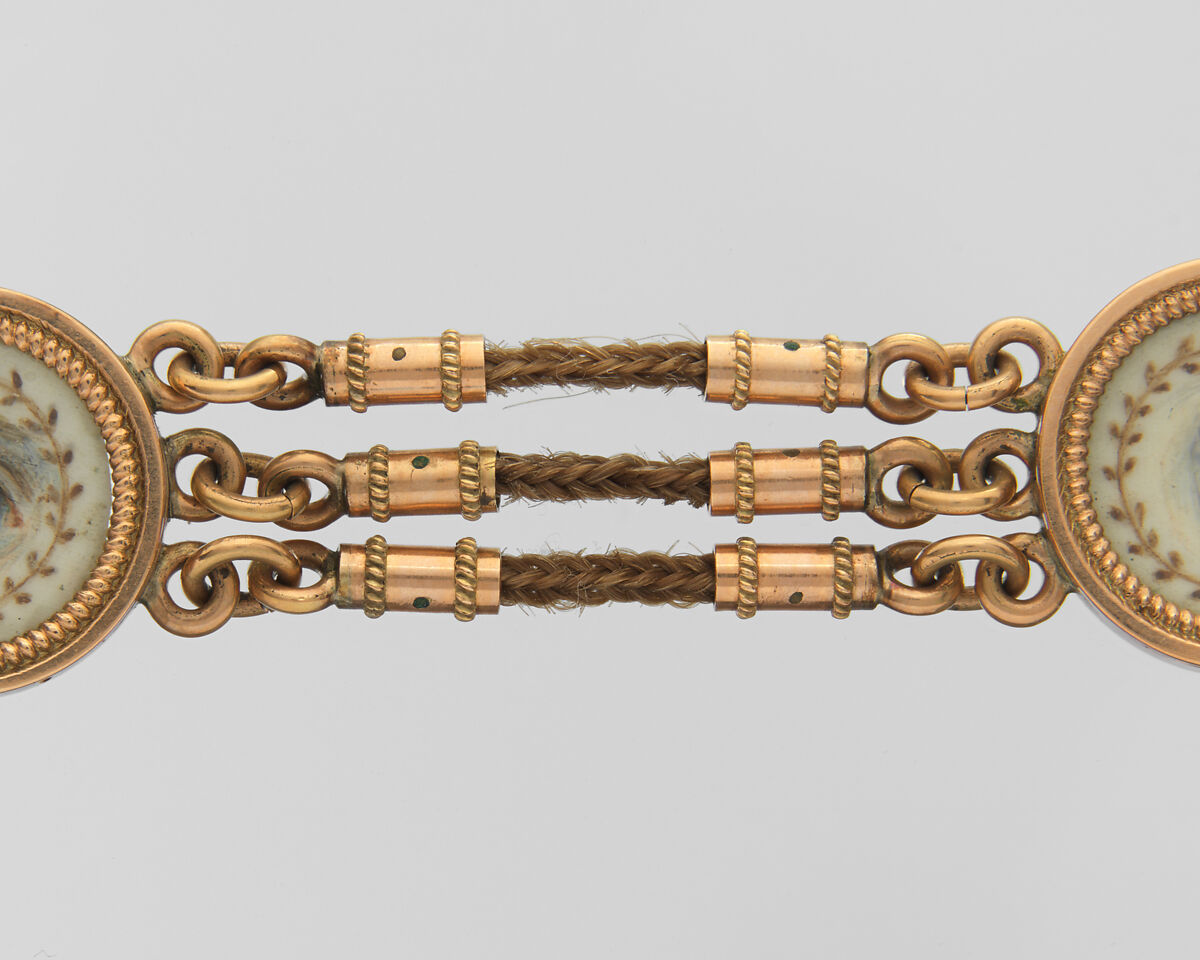 Lover’s Eye Watch Fob, 4 watercolor on ivory lover’s eyes set in gold cases and attached to a gold and hairwork chain, Probably British