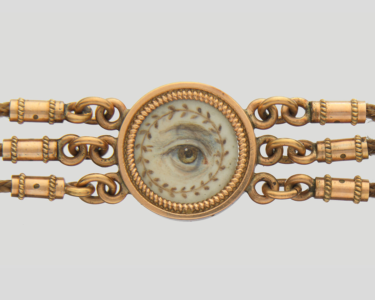 Lover’s Eye Watch Fob, 4 watercolor on ivory lover’s eyes set in gold cases and attached to a gold and hairwork chain, Probably British