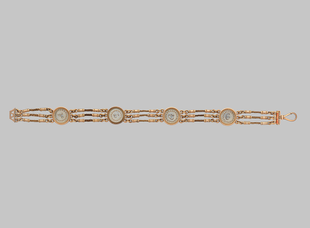 Lover’s Eye Watch Fob, 4 watercolor on ivory lover’s eyes set in gold cases and attached to a gold and hairwork chain, Probably British