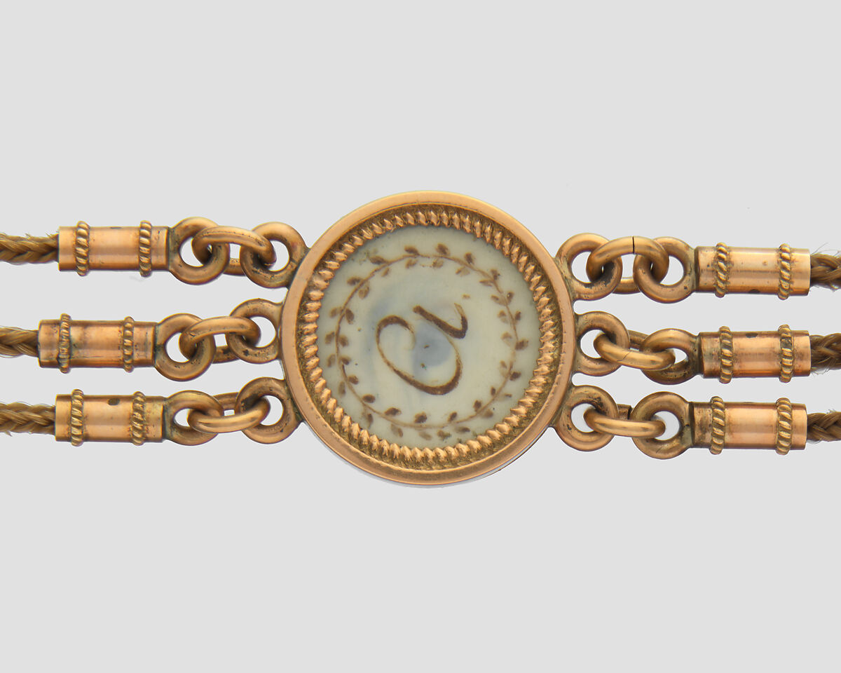 Lover’s Eye Watch Fob, 4 watercolor on ivory lover’s eyes set in gold cases and attached to a gold and hairwork chain, Probably British