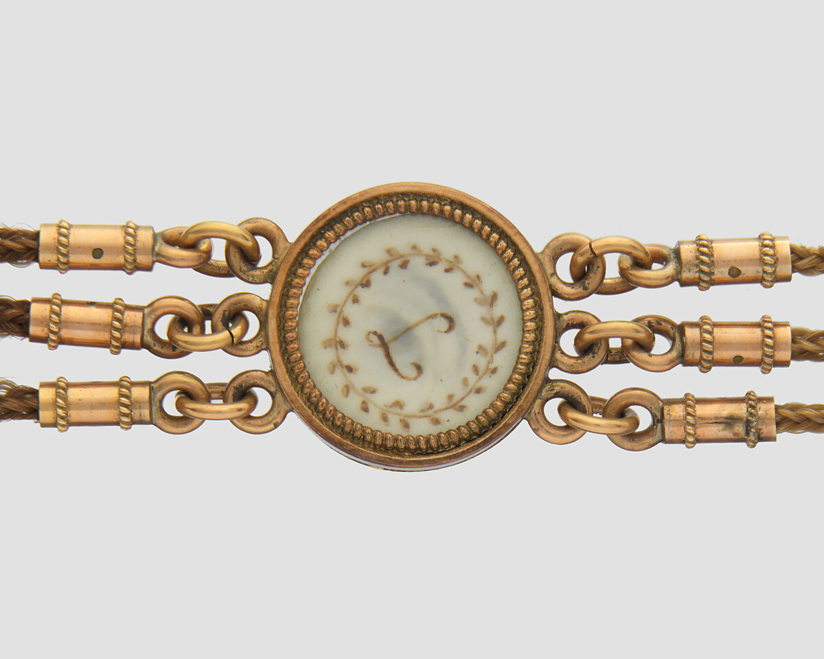 Lover’s Eye Watch Fob, 4 watercolor on ivory lover’s eyes set in gold cases and attached to a gold and hairwork chain, Probably British