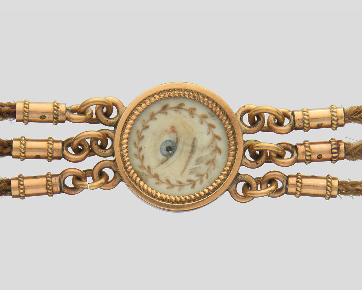 Lover’s Eye Watch Fob, 4 watercolor on ivory lover’s eyes set in gold cases and attached to a gold and hairwork chain, Probably British