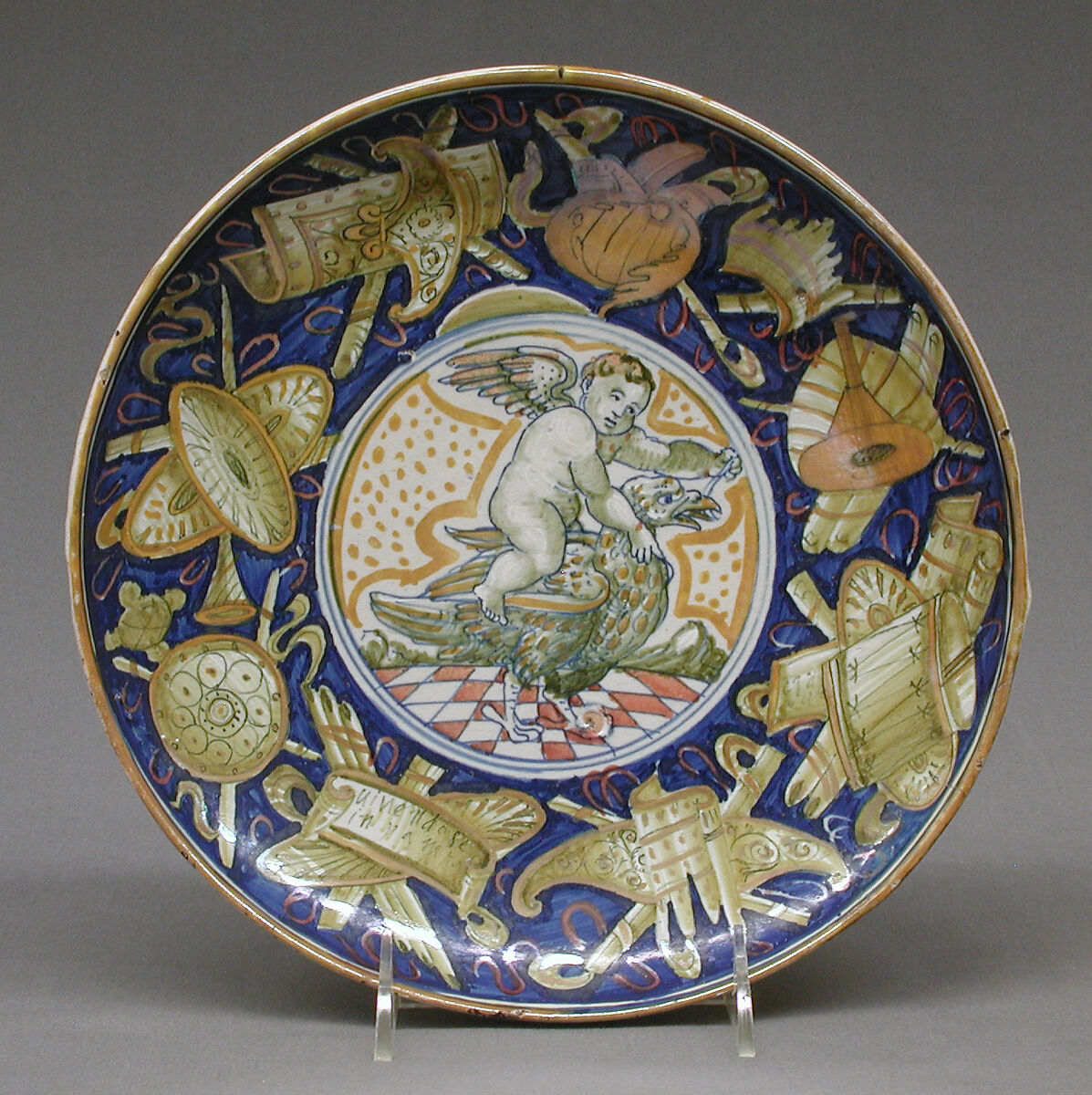 Tazza with Ganymede and the eagle, Maiolica (tin-glazed earthenware), lustered, Italian, Castel Durante with Gubbio luster 