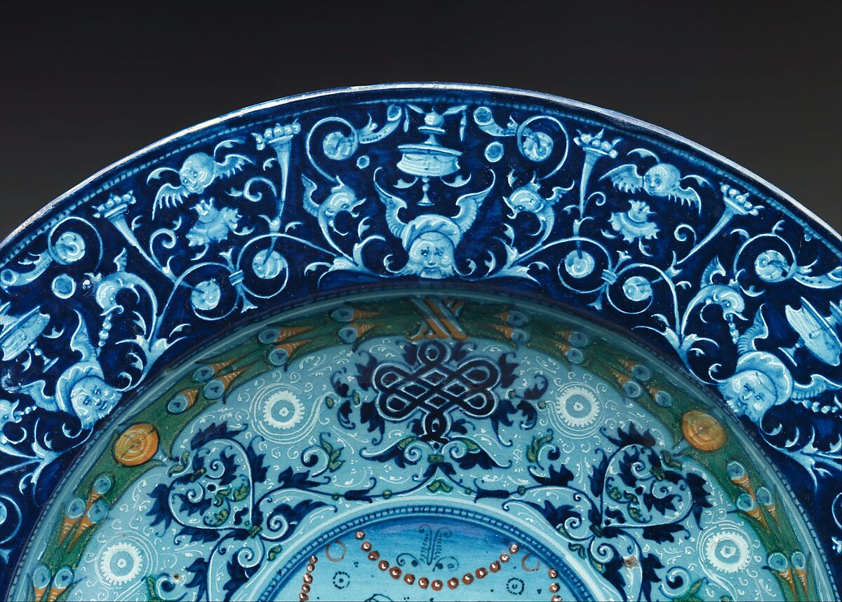 Dish with arms of the Strozzi and Ridolfi families, Workshop of Piero Bergantini (Italian, active Faenza, 1503–40) and, Maiolica (tin-glazed earthenware), Italian, Faenza