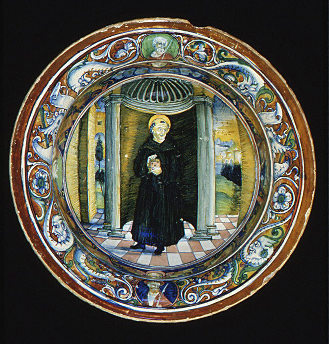 Bowl with Saint Nicholas of Tolentino, Maiolica (tin-glazed earthenware), lustered, Italian, Gubbio 