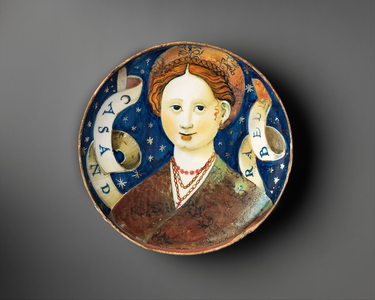 Shallow bowl with Beautiful Cassandra, Lustered by Vincenzo Andreoli (Italian, active Gubbio and Urbino, late 16th century), Maiolica (tin-glazed earthenware), lustered, Italian, probably Urbino with Gubbio or Urbino luster 
