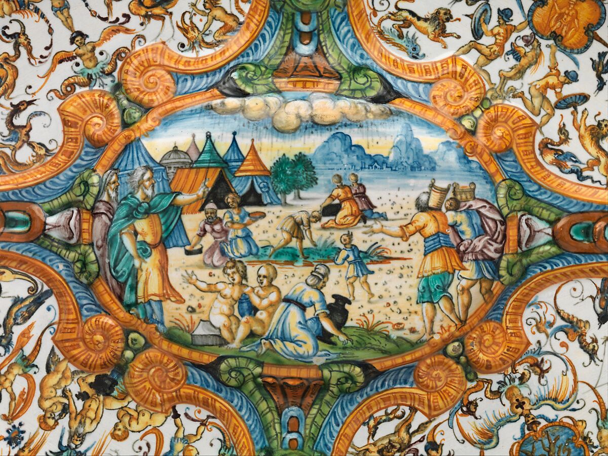 Basin or dish with The Gathering of Manna, Probably workshop of Antoine Conrade and his family, Maiolica (tin-glazed earthenware), probably French, Nevers