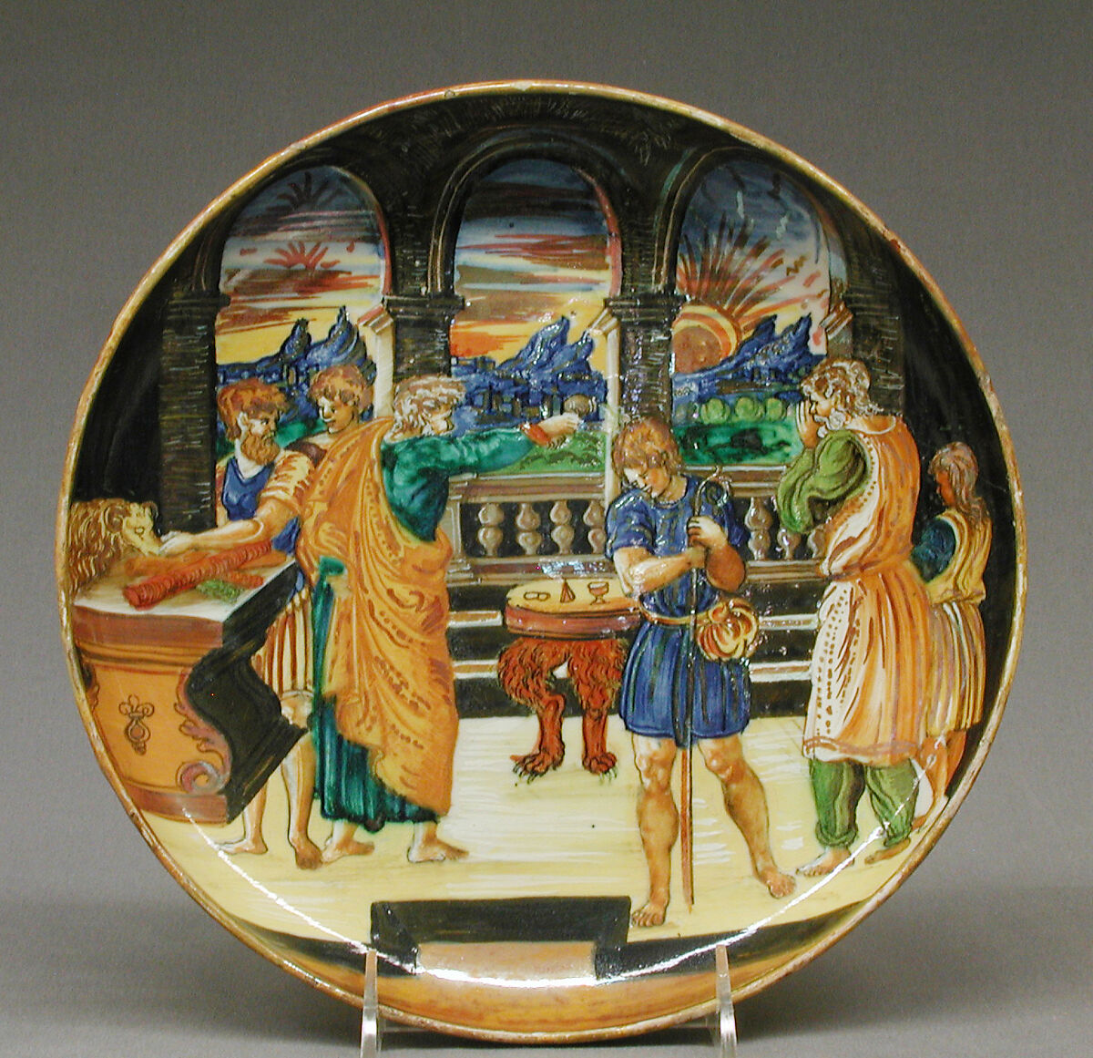 The Annointing of David by Samuel, Based on a composition by Raphael (Raffaello Sanzio or Santi) (Italian, Urbino 1483–1520 Rome), Maiolica (tin-glazed earthenware), lustered, Italian, Urbino with Gubbio luster 