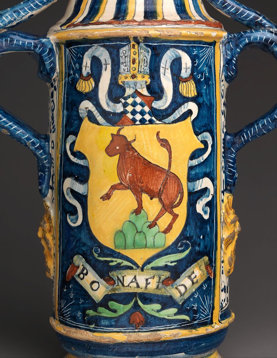 Albarello with arms of Leonardo Buonafede, Maiolica (tin-glazed earthenware), Italian, probably Montelupo