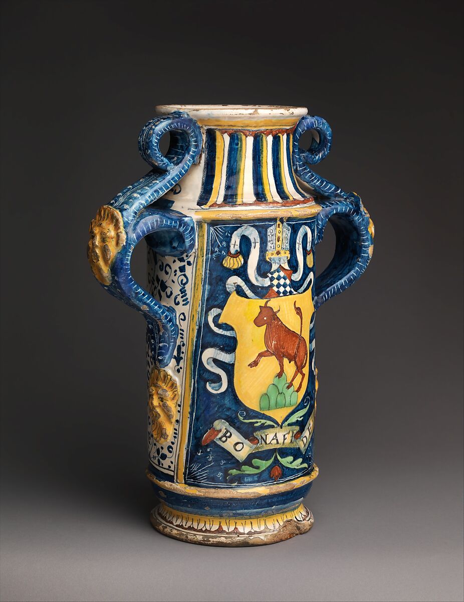 Albarello with arms of Leonardo Buonafede, Maiolica (tin-glazed earthenware), Italian, probably Montelupo