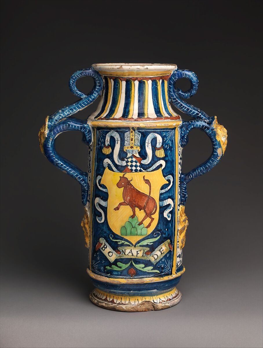 Albarello with arms of Leonardo Buonafede, Maiolica (tin-glazed earthenware), Italian, probably Montelupo 