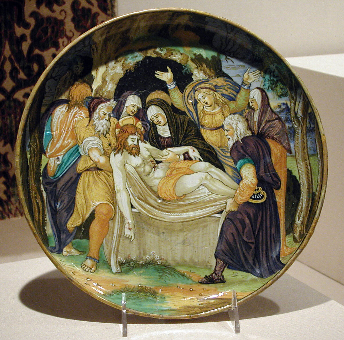 The Entombment of Christ, Painted by Fra Xanto Avelli da Rovigo (ca. 1486–1582), Maiolica (tin-glazed earthenware), lustered, Italian, Urbino with Gubbio luster 