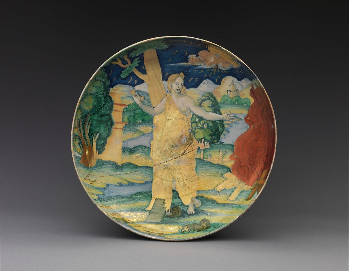 Shallow bowl depicting the Suicide of Dido, Maestro Giorgio Andreoli (Italian (Gubbio), active first half of 16th century), Maiolica (tin-glazed earthenware), lustered, Italian, Gubbio 