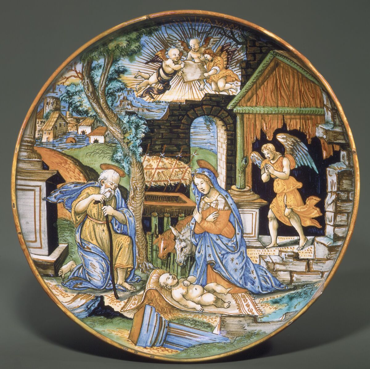 The Nativity, Fra Xanto Avelli da Rovigo (ca. 1486–1582), Maiolica (tin-glazed earthenware), lustered, Italian, Urbino with Gubbio luster 