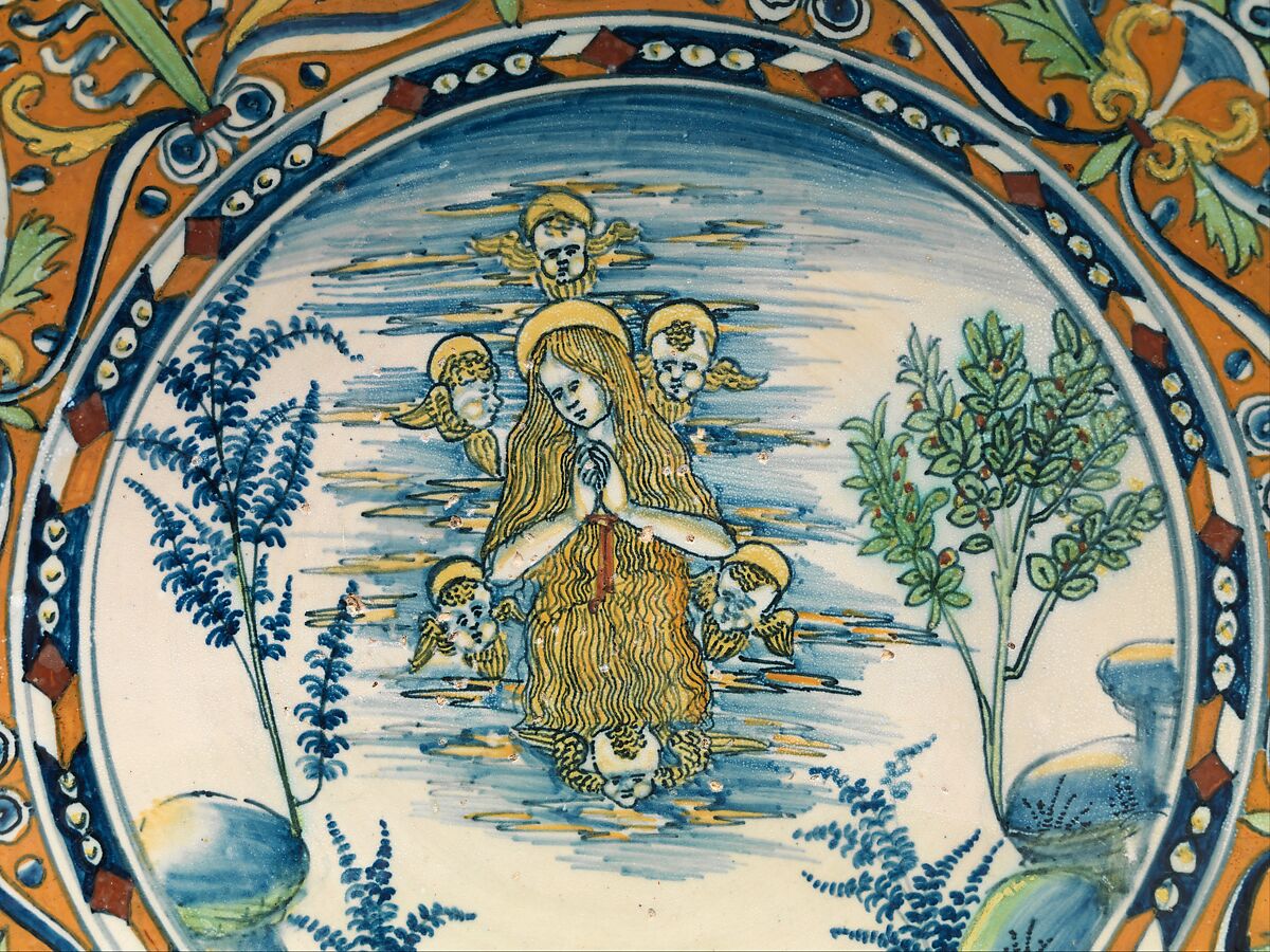Plate with Saint Mary Magdalen, Maiolica (tin-glazed earthenware), Italian, Siena