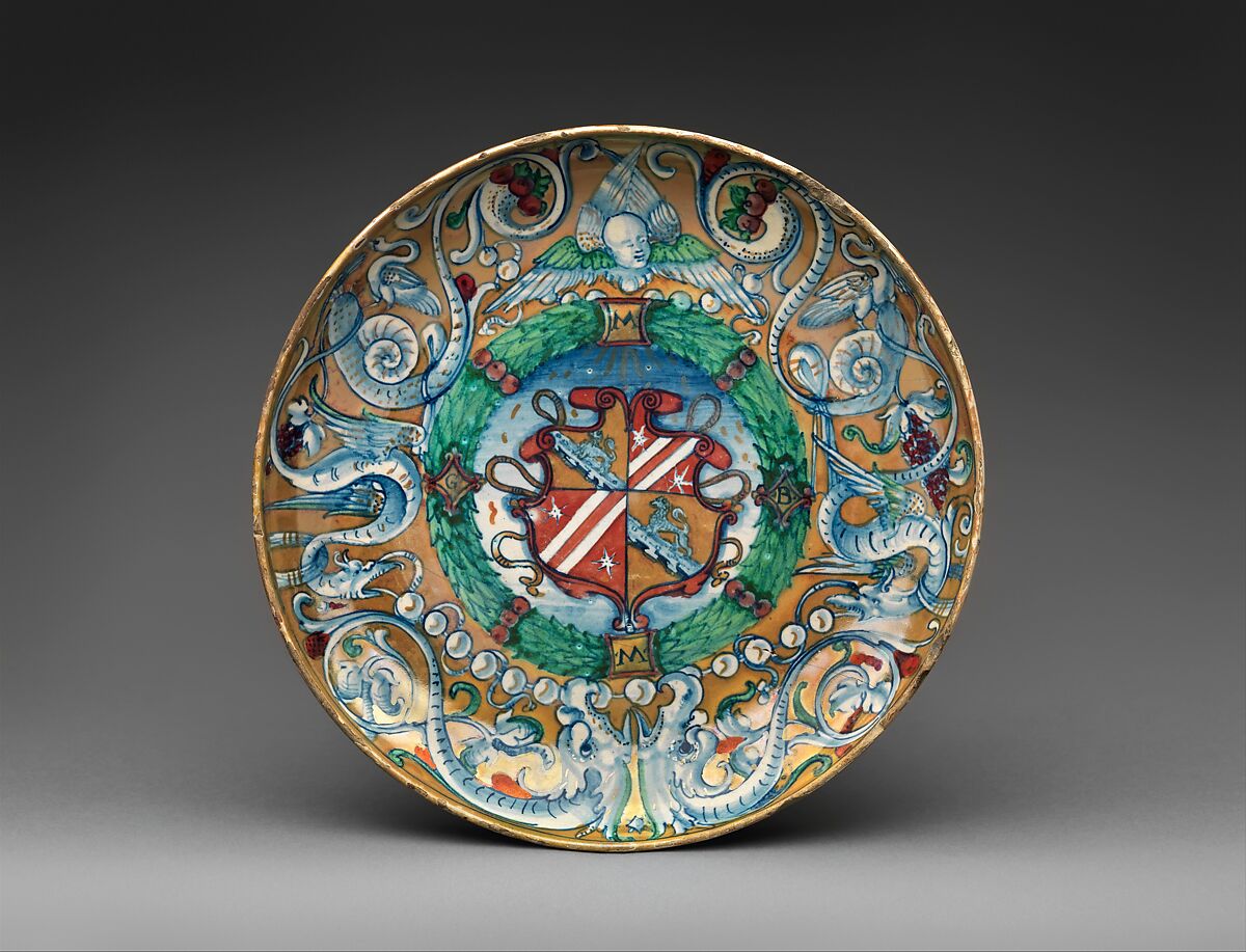 Armorial bowl, Workshop of Maestro Giorgio Andreoli (Italian (Gubbio), active first half of 16th century), Maiolica (tin-glazed earthenware), lustered, Italian, Gubbio 