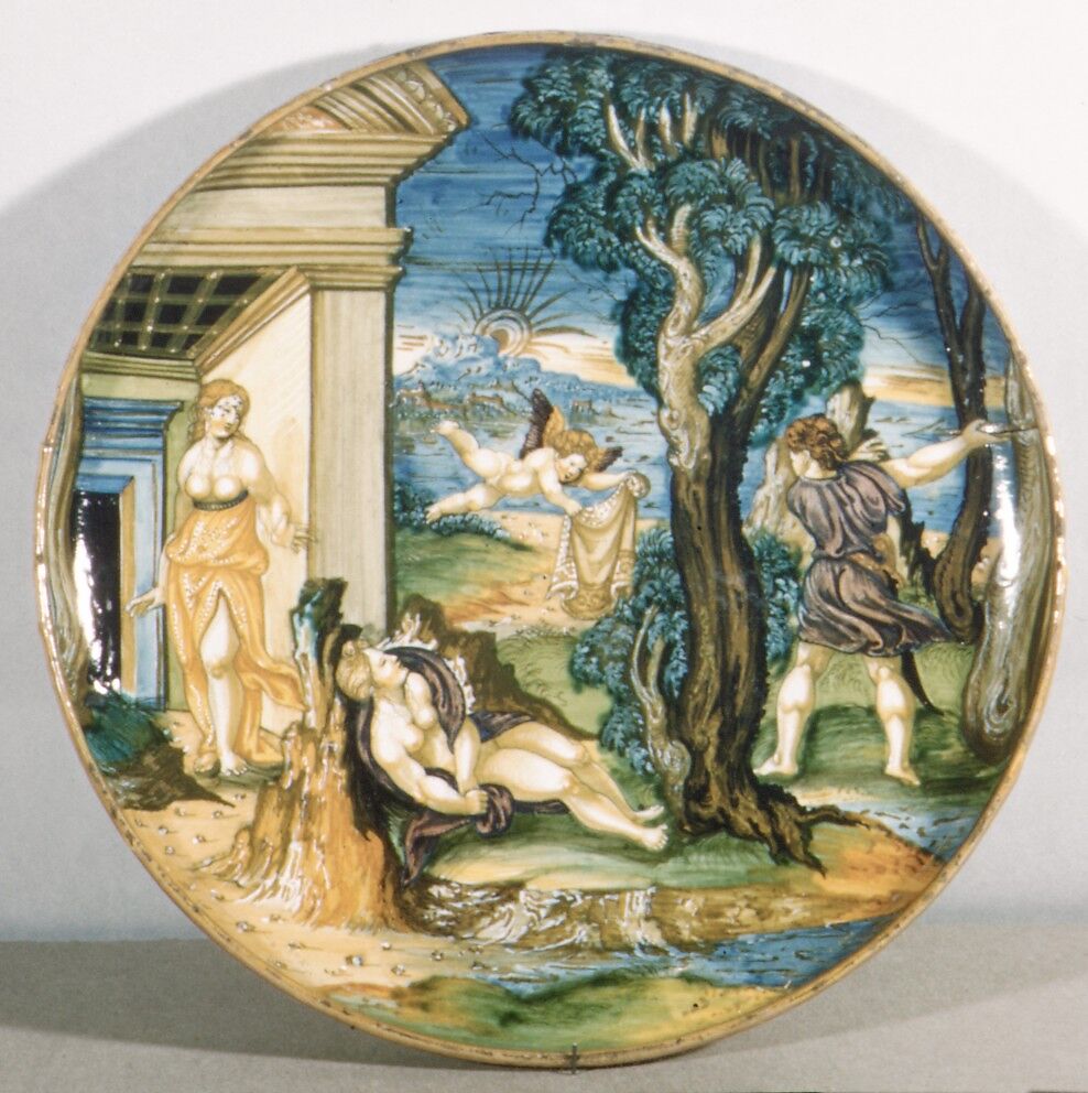 Footed bowl depicting Cephalus killing Procris, Fra Xanto Avelli da Rovigo (ca. 1486–1582), Maiolica (tin-glazed earthenware), lustered, Italian, Urbino with Gubbio luster 