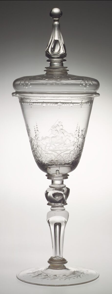 Standing cup with cover, Engraved by G. E. Kunckel, Glass, German, Thuringia 