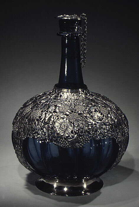 Bottle with silver mounts, Silver mounts by Adriaen van Hoecke (Dutch, 1659–1716), Glass, silver, French glass with Dutch, The Hague silver