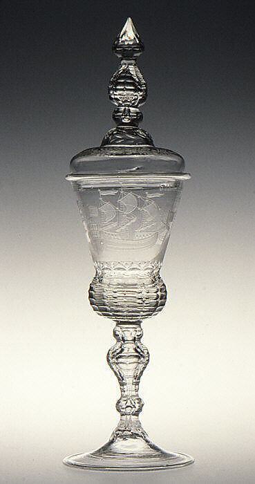 Standing cup with cover, Glass, German, Saxony with Dutch cutting 