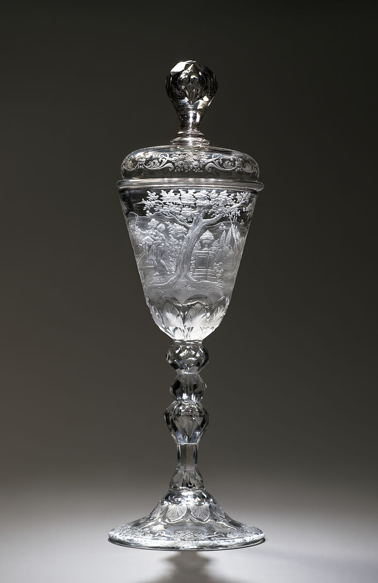 Standing cup with cover, Workshop of Jacob Sang (Dutch, Erfurt 1720–1786 Nigtevecht), Glass: blown and wheel-engraved, Dutch, Amsterdam