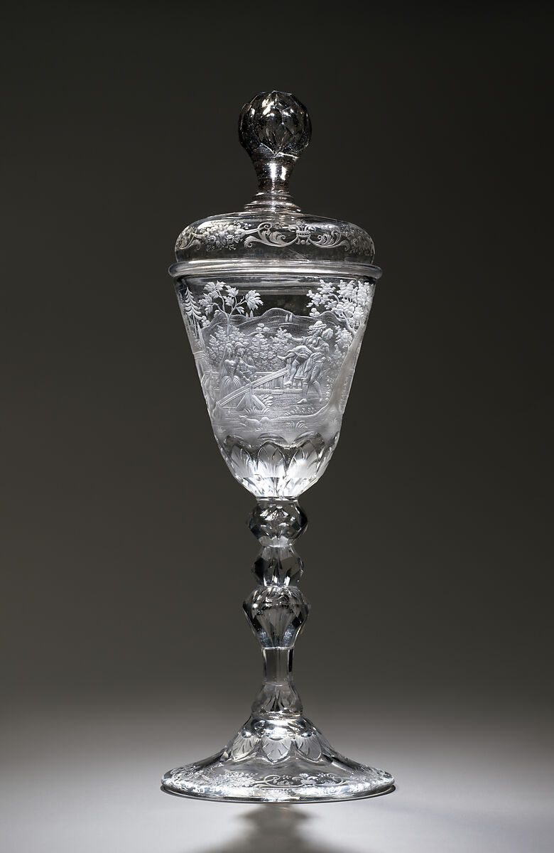 Standing cup with cover, Workshop of Jacob Sang (Dutch, Erfurt 1720–1786 Nigtevecht), Glass: blown and wheel-engraved, Dutch, Amsterdam