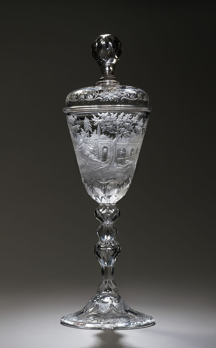 Standing cup with cover, Workshop of Jacob Sang (Dutch, Erfurt 1720–1786 Nigtevecht), Glass: blown and wheel-engraved, Dutch, Amsterdam