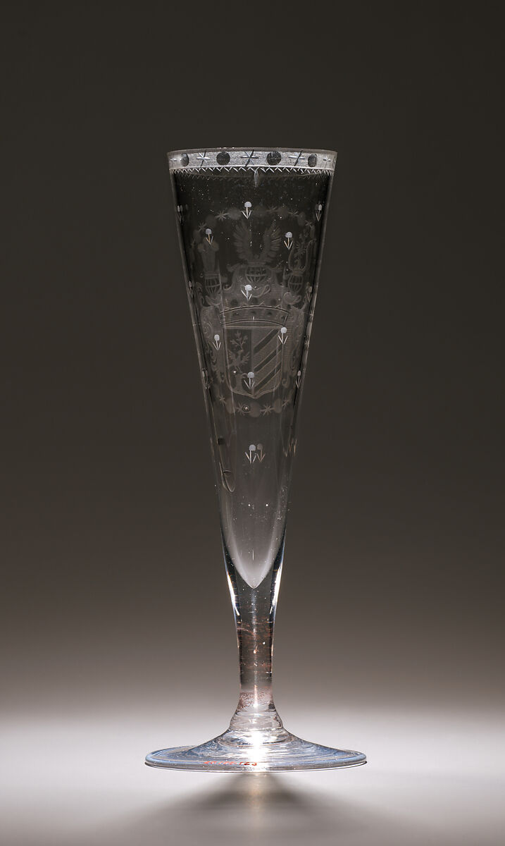 Wineglasses (Spitzgläser)n with the arms of Brünnow (Prussia) impaling Römig (Prussia), Glass, Bohemian