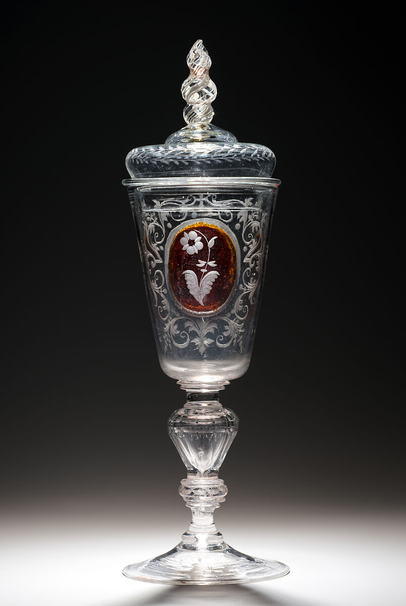 Standing cup with cover with alliance arms of East Friesland and Nassau-Idstein, Glass, verre églomisé and Zwischengold glass, Bohemian