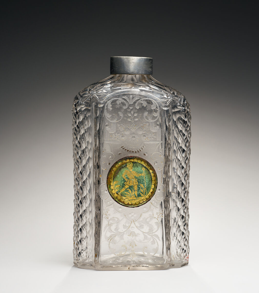 Bottle, Glass, verre églomisé; pewter, Bohemian