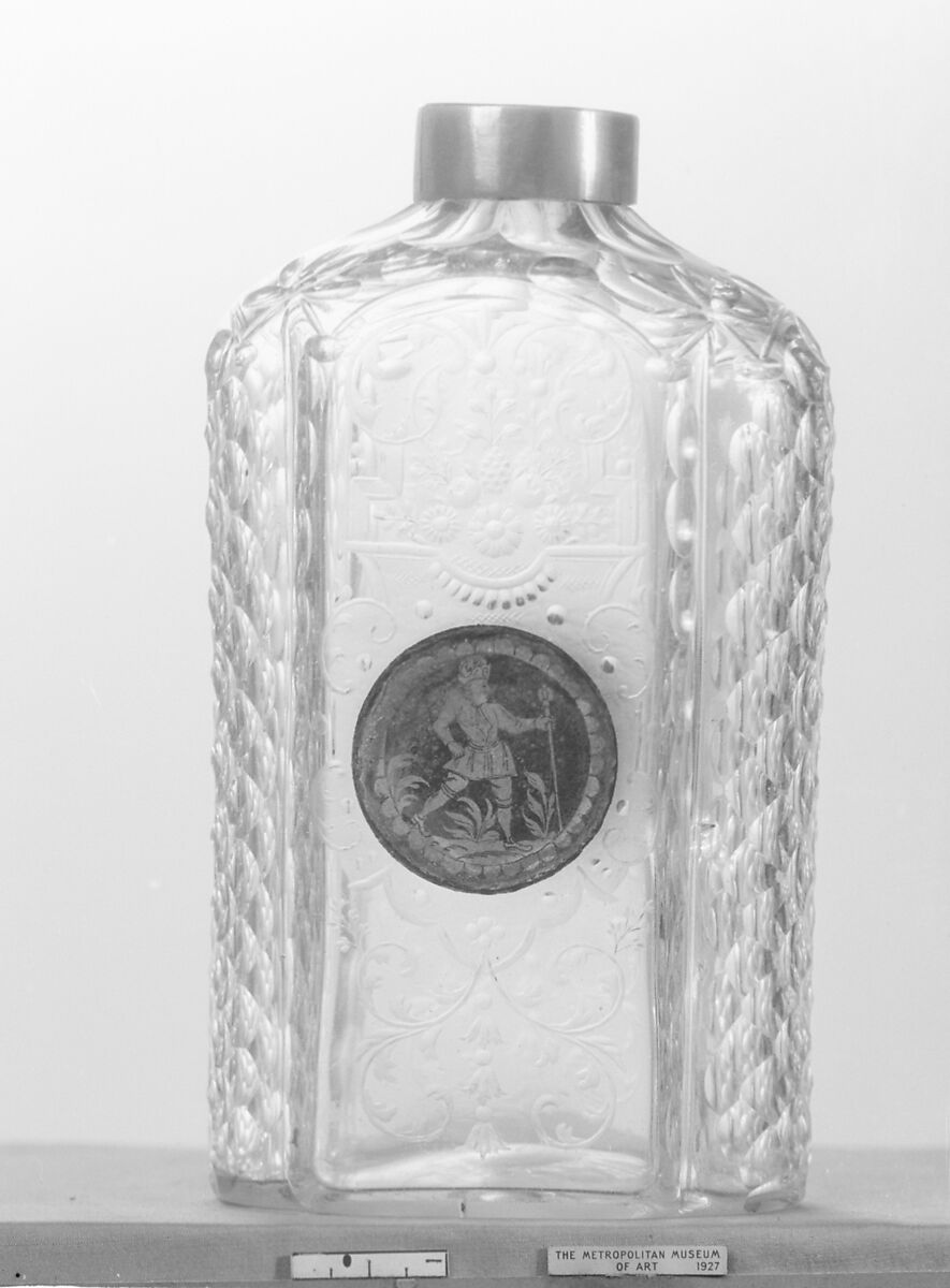 Bottle, Glass, verre églomisé; pewter, Bohemian 