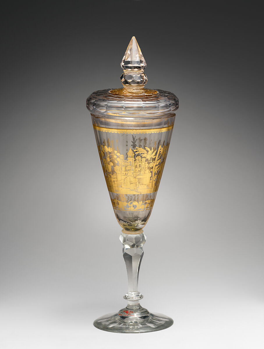 Standing cup with cover with scene of siege of fortress, Zwischengold glass, Bohemian