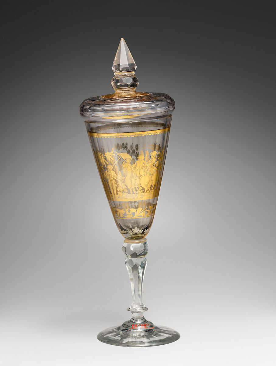 Standing cup with cover with scene of siege of fortress, Zwischengold glass, Bohemian